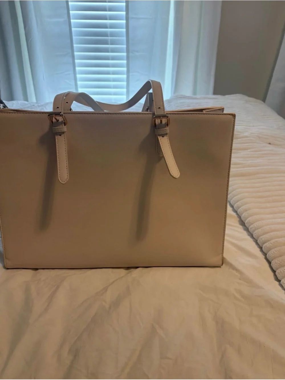 Structured Cream Laptop Tote Bag with Adjustable Straps